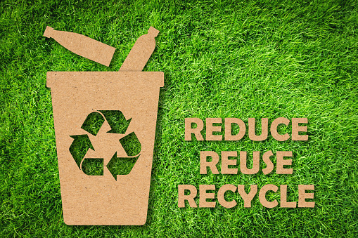 Kraft paper cut of Reduce, Reuse, Recycle symbol and text on green grass background. Environmental conservation concept.
